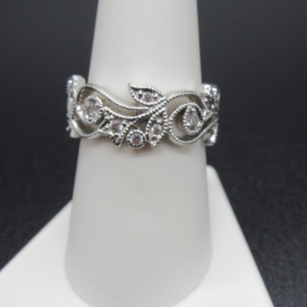 White Gold FILLED  White Sapphire Leaf Band Size 8